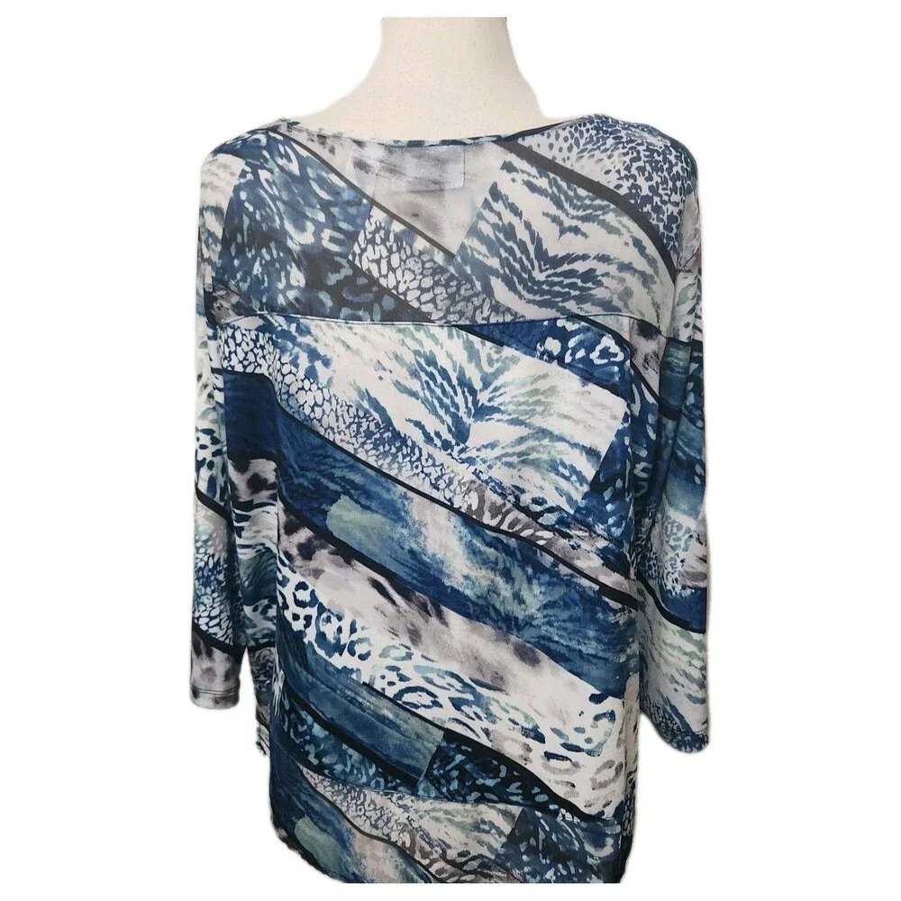 ALFRED DUNNER XL Blue Studded  Pullover 3/4 Slv Knit Stretch Semi-Sheer Neck
